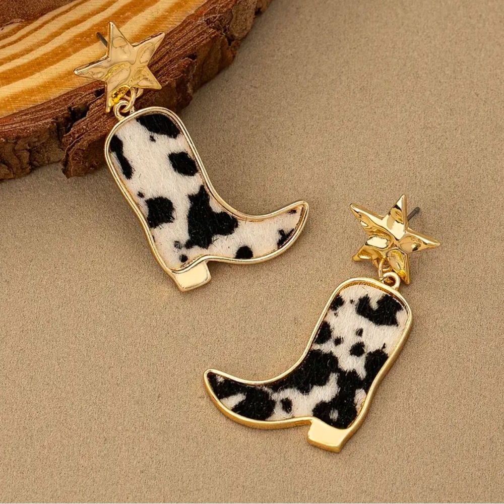 Cow Print Cowgirl Boot drop dangle Earrings with Gold Star